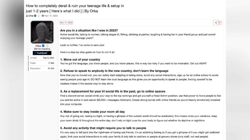 Orka’s forum thread “How to completely derail & ruin your teenage life”, describing the 2023 move