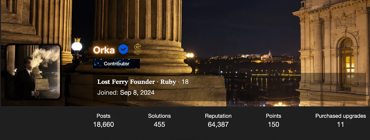 Orka’s looksmax.org profile: Contributor, Lost Ferry Founder, joined Sep 8 2024. 18,660 posts, 455 solutions, 64,387 reputation, 150 points.