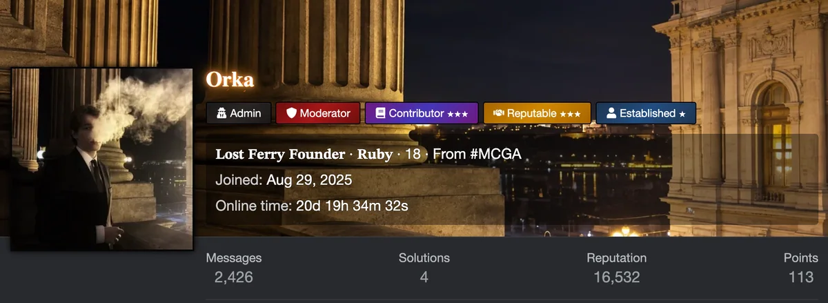 Orka’s looksmaxxing.com profile: Admin, Moderator, Contributor, Reputable, Established, joined Aug 29 2025, 20 days online. 2,426 messages, 4 solutions, 16,532 reputation, 113 points.